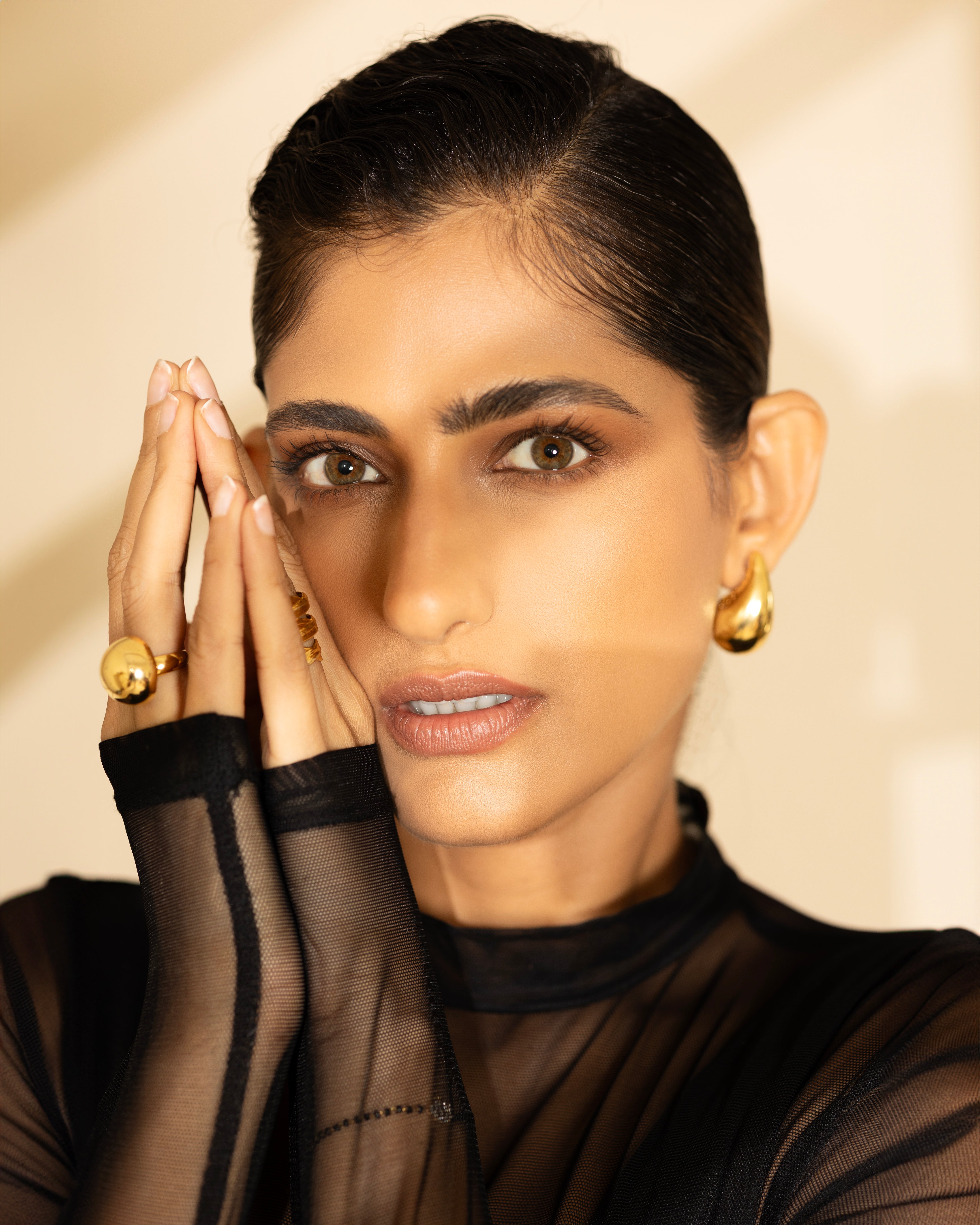 Kubbra Sait wearing MNSH Bold Mini Earrings