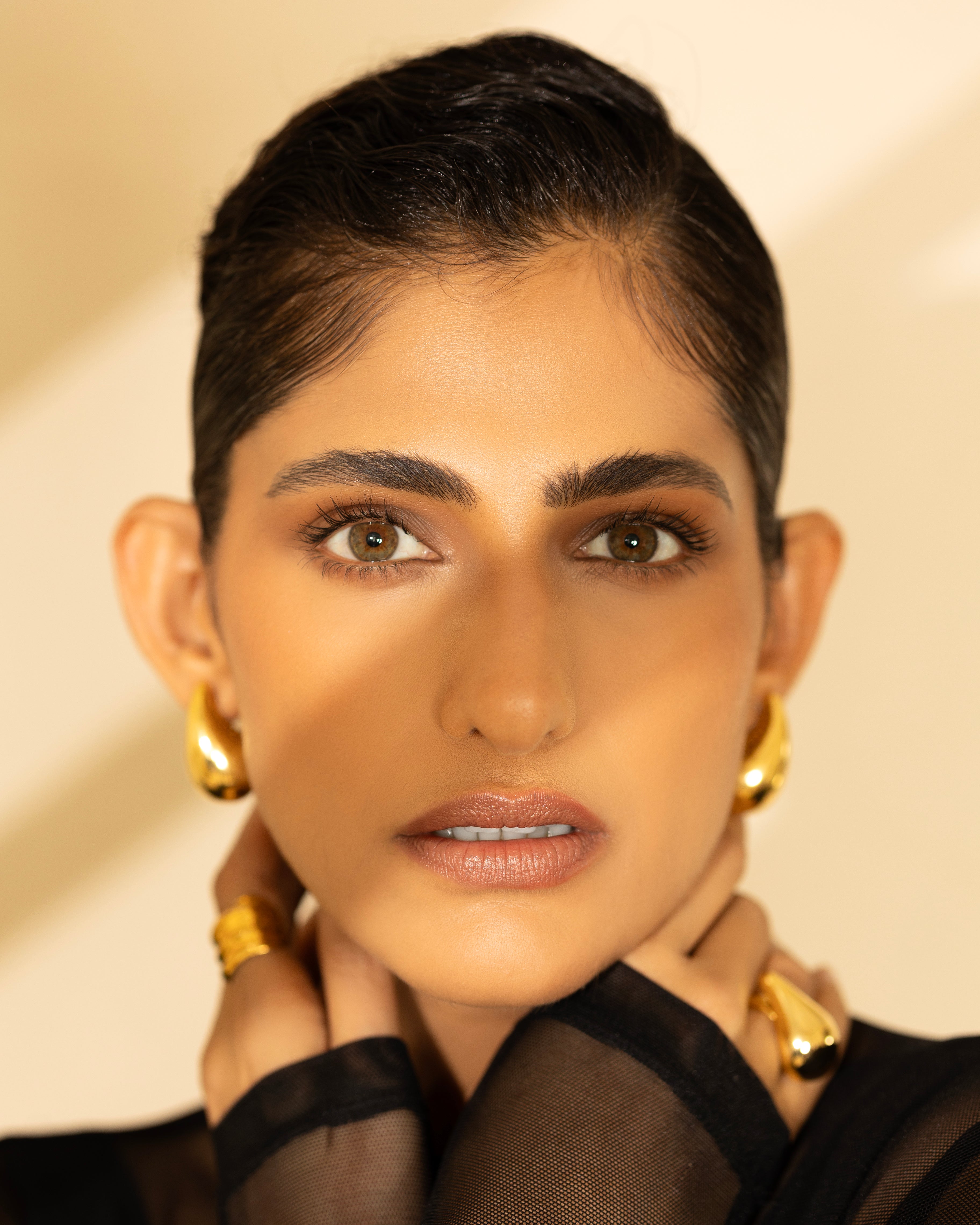 Kubbra Sait wearing MNSH Bold Mini Earrings