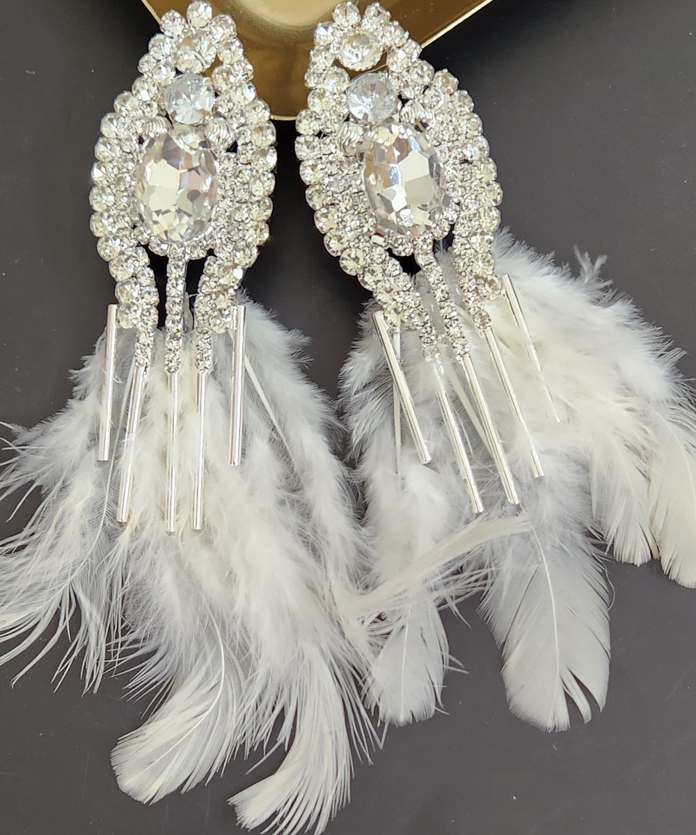 Rhinestone White Feather Earrings