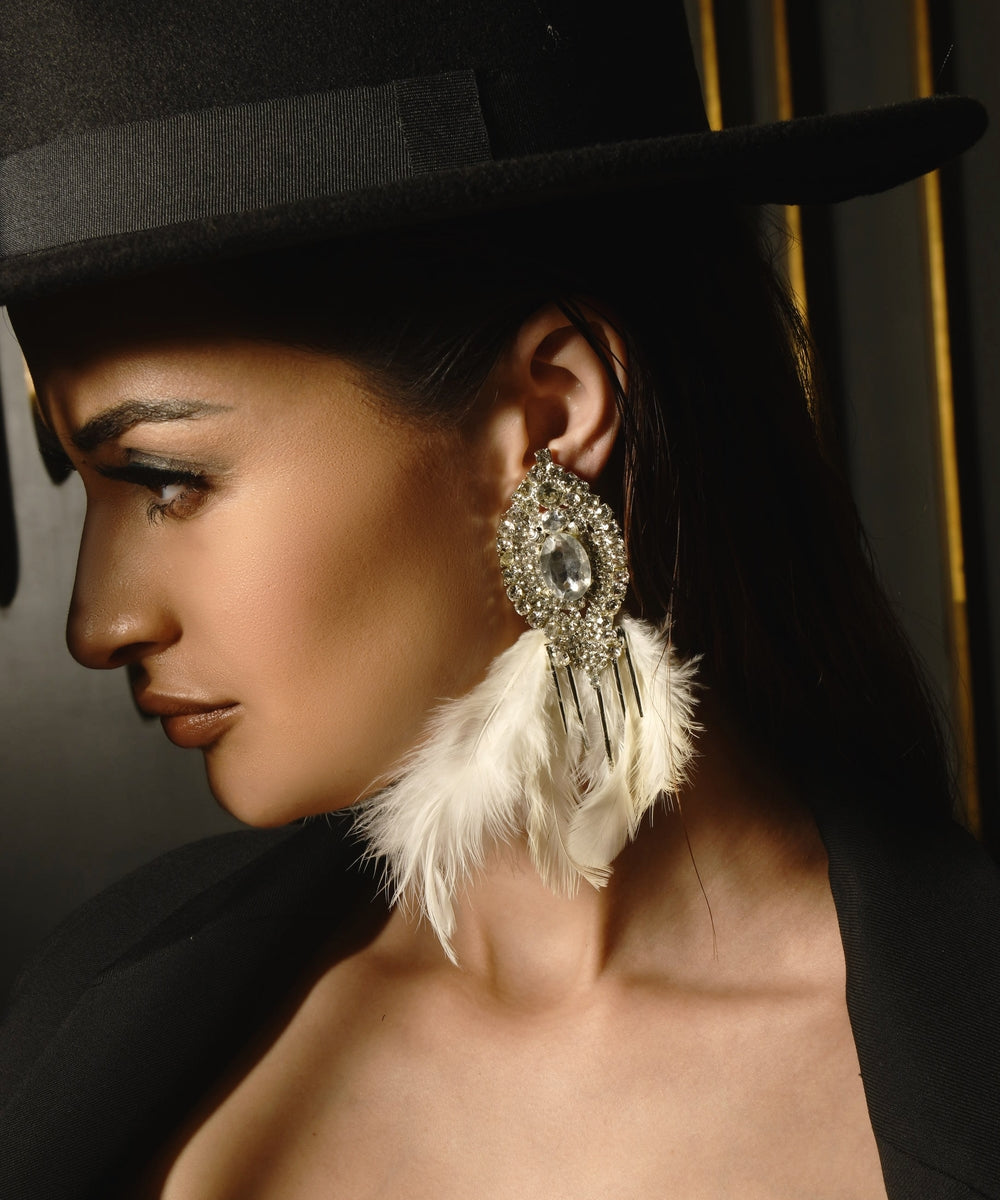 Rhinestone White Feather Earrings