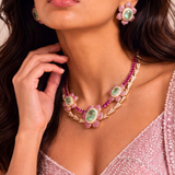 Raani Baag Pink Ruby Flower with CZ and Mint green Set