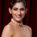 Kubbra Sait Wearing Mnsh Hepburn Rosee Necklace & Shakti Resin Bangle
