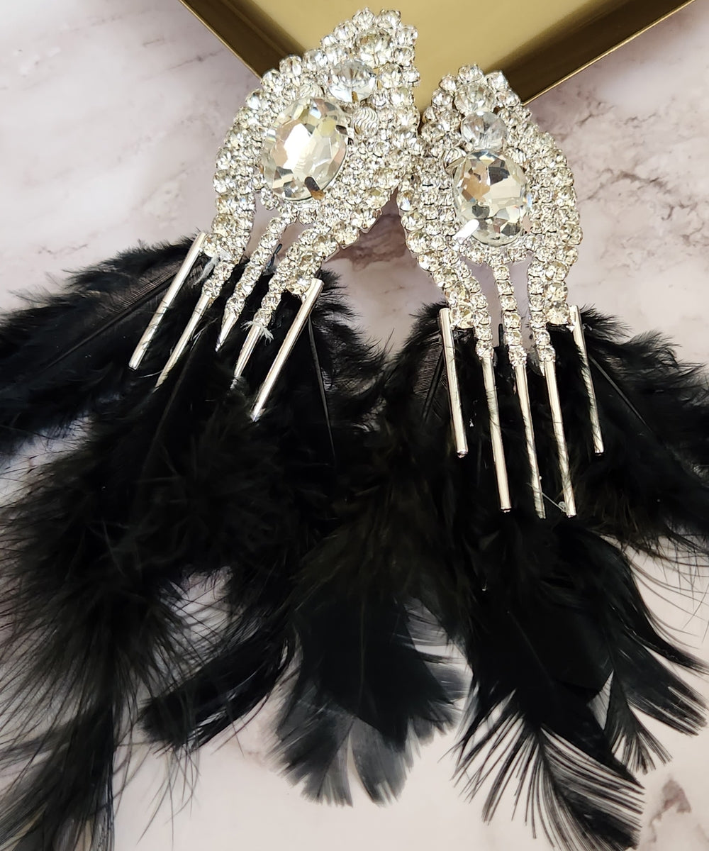 Rhinestone Black Feather Earrings