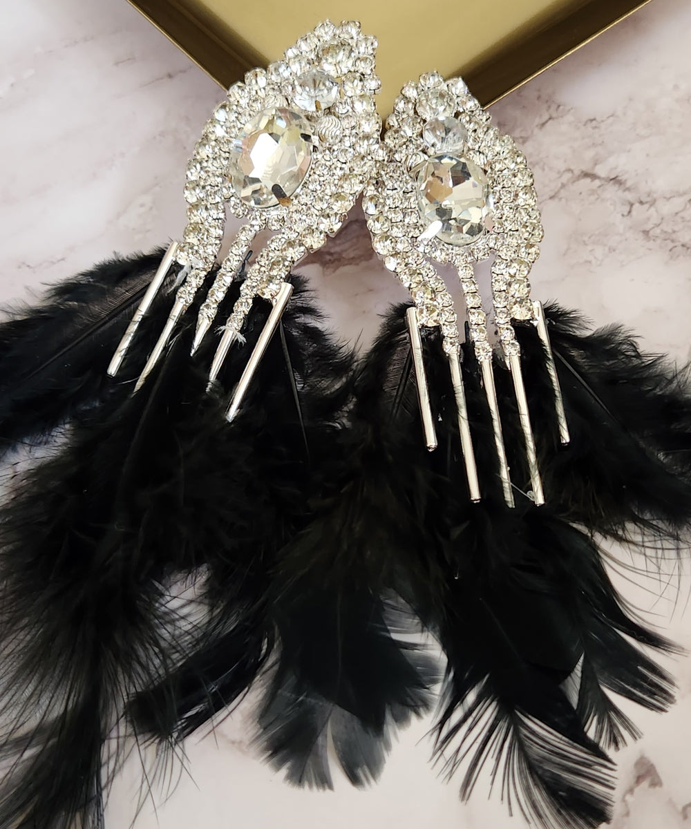 Rhinestone Black Feather Earrings