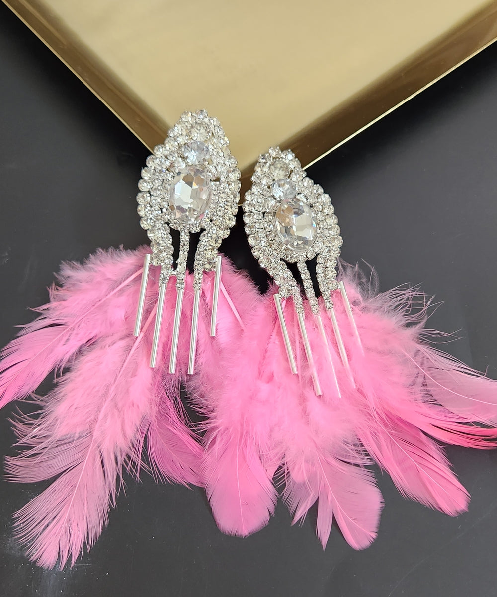 Rhinestone Pink Feather Earrings