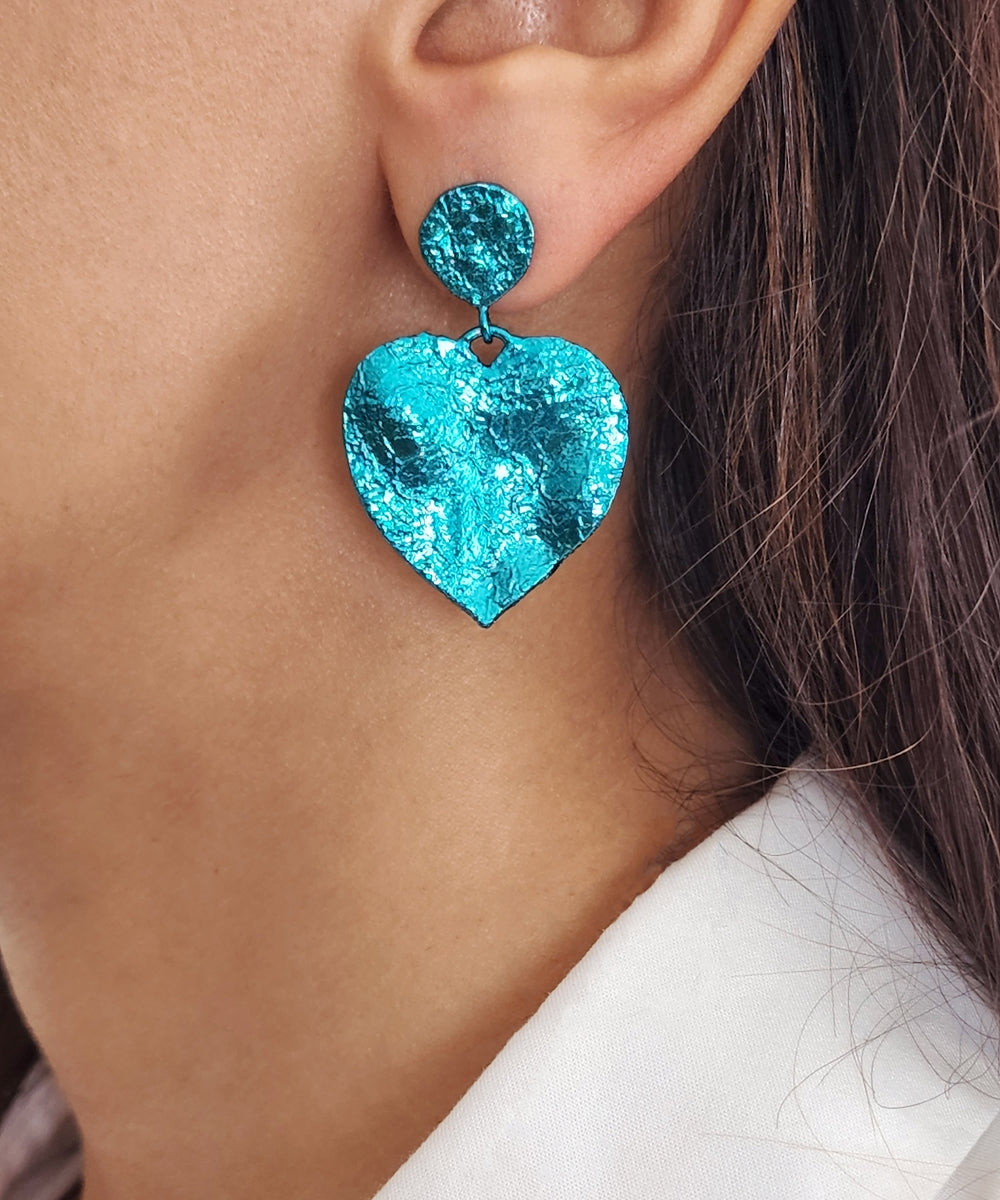 Mini Crushed Heart Blue Earrings